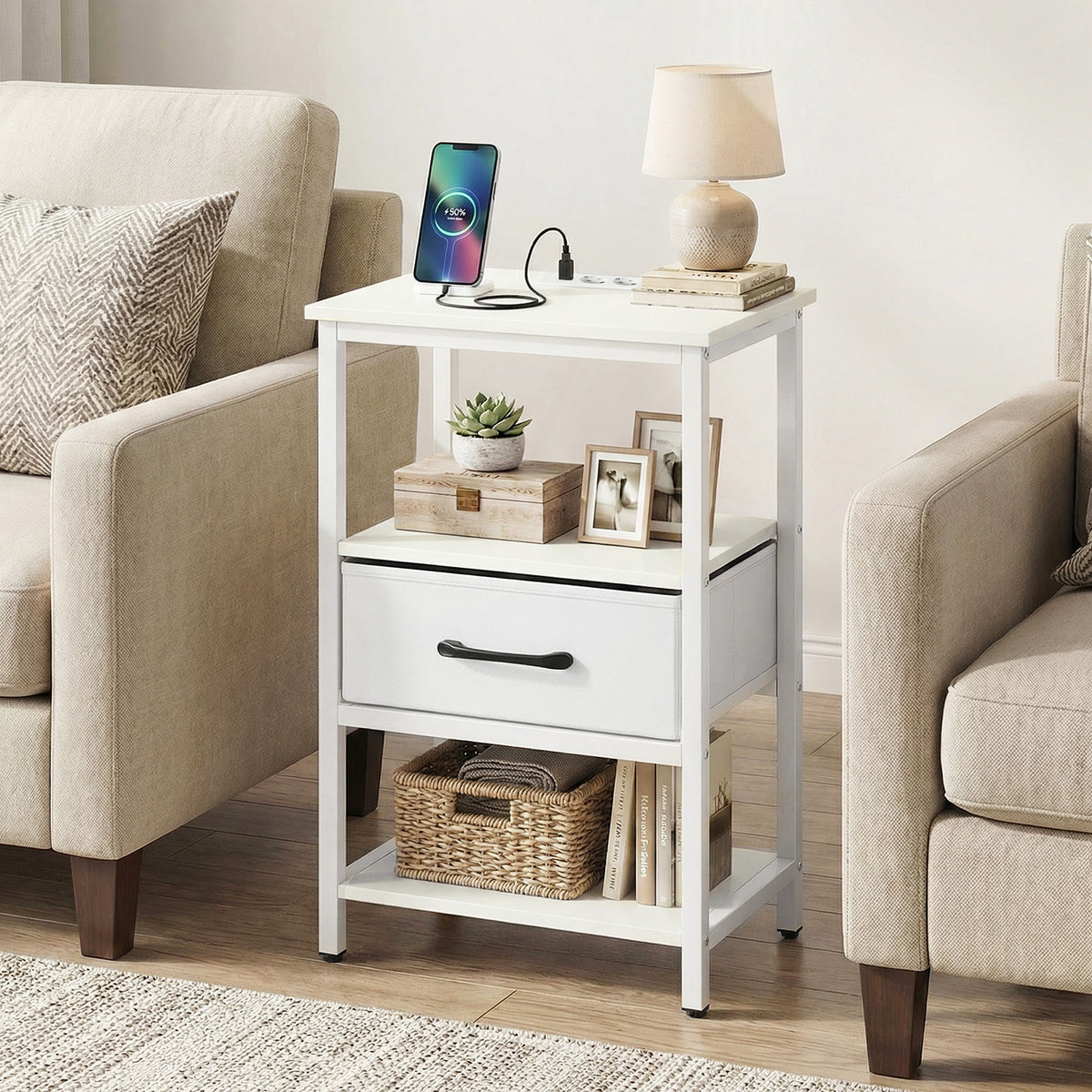 Nightstand Bedside Table with Charging Station and Drawer-White