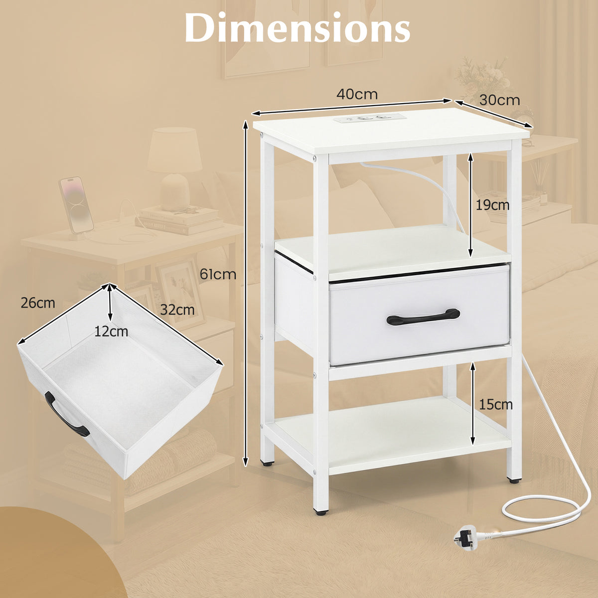 Nightstand Bedside Table with Charging Station and Drawer-White