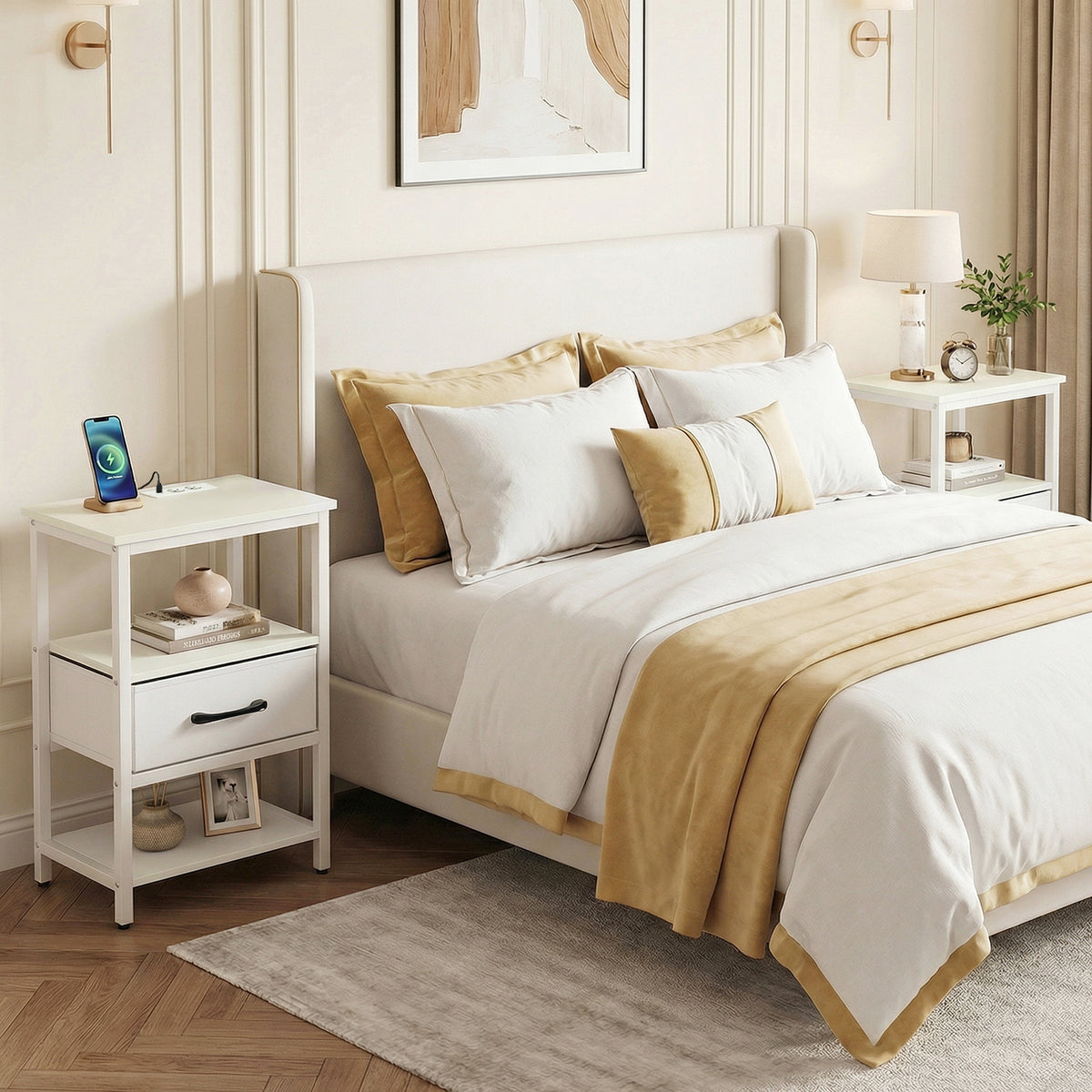 Nightstand Bedside Table with Charging Station and Drawer-White