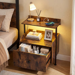 Nightstand Bedside Table with Charging Station and LED Light-Rustic Brown