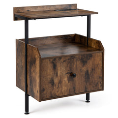 Nightstand Bedside Table with Charging Station and LED Light-Rustic Brown