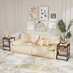 The nightstands placed on either side of a beige sofa in a bright living room setting