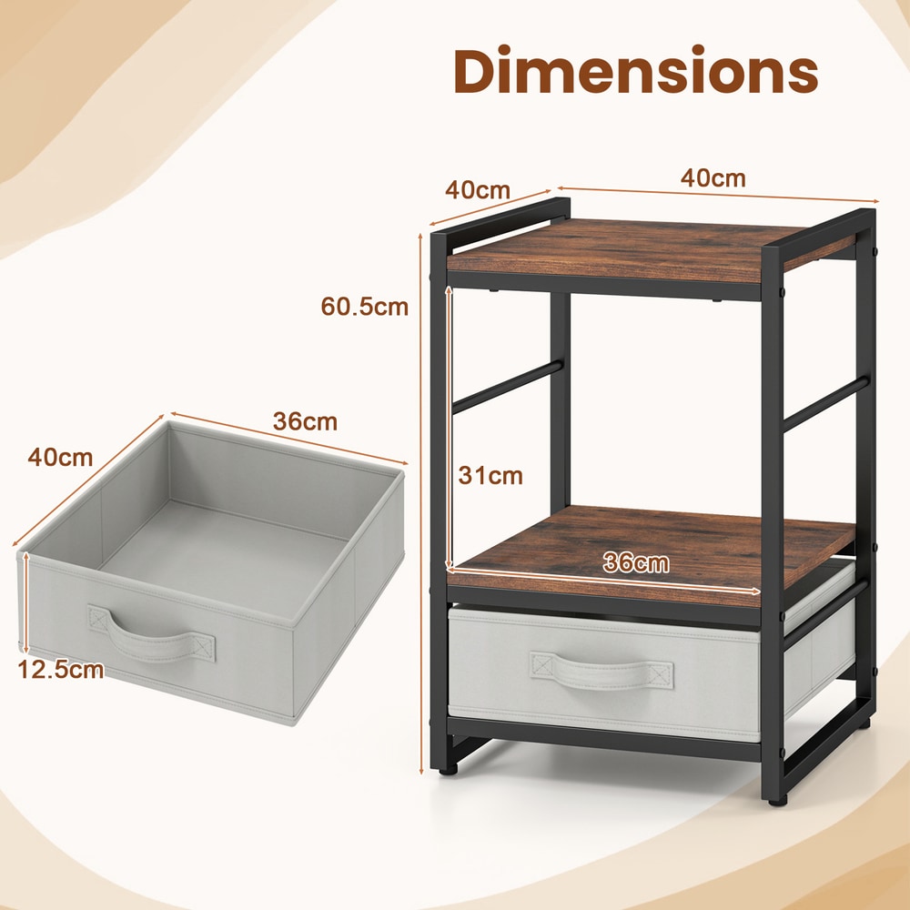 The bedside table with labels showing the height and width of the frame and the fabric drawer