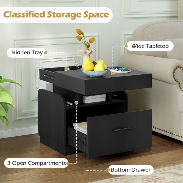 Black bedside table with labelled storage compartments, drawer, and tabletop
