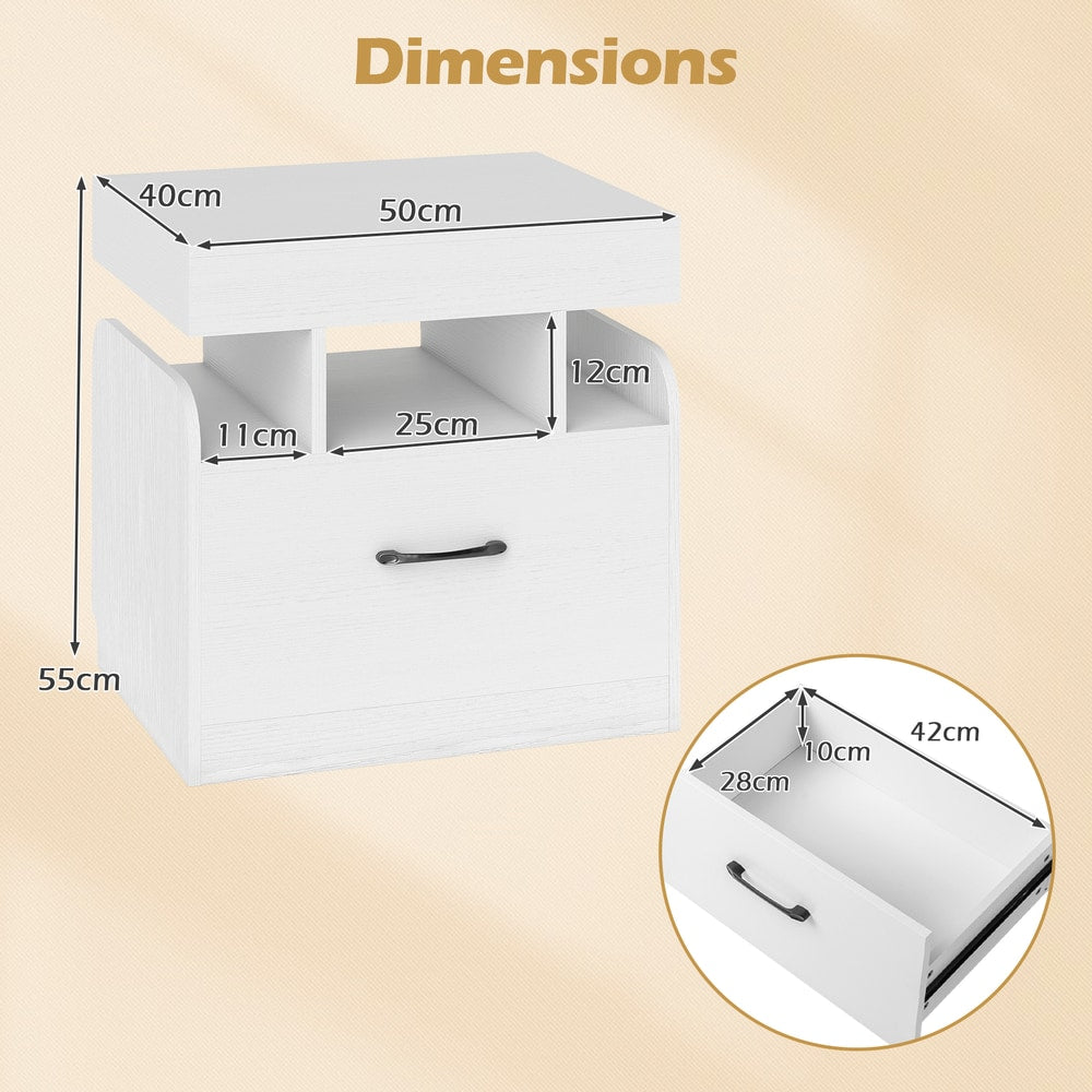 Dimensions diagram for a white bedside table with drawer and open shelf