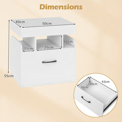 Dimensions diagram for a white bedside table with drawer and open shelf