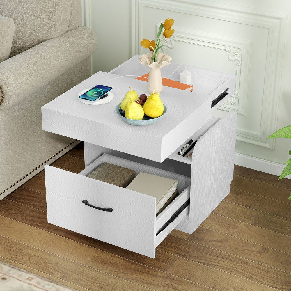 White bedside table with drawer open showing storage and sliding top