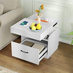 White bedside table with drawer open showing storage and sliding top