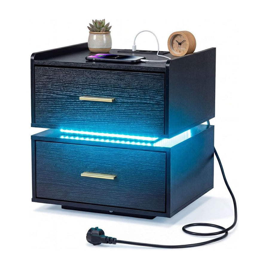Nightstand with Charging Station and 2 Storage Drawers-Black