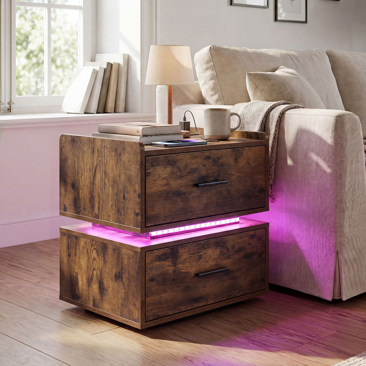 Nightstand with Charging Station and 2 Storage Drawers-Rustic Brown