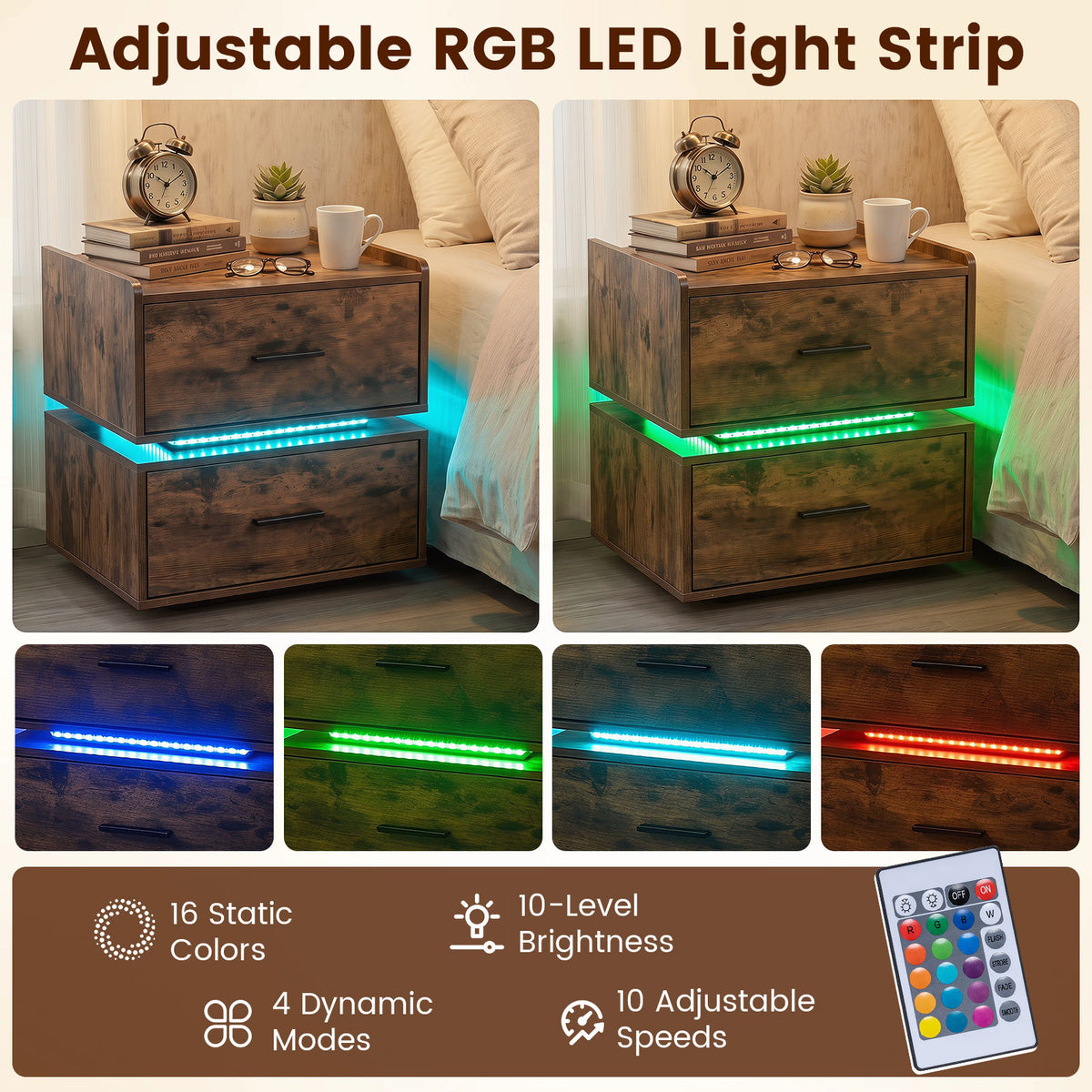 Nightstand with Charging Station and 2 Storage Drawers-Rustic Brown