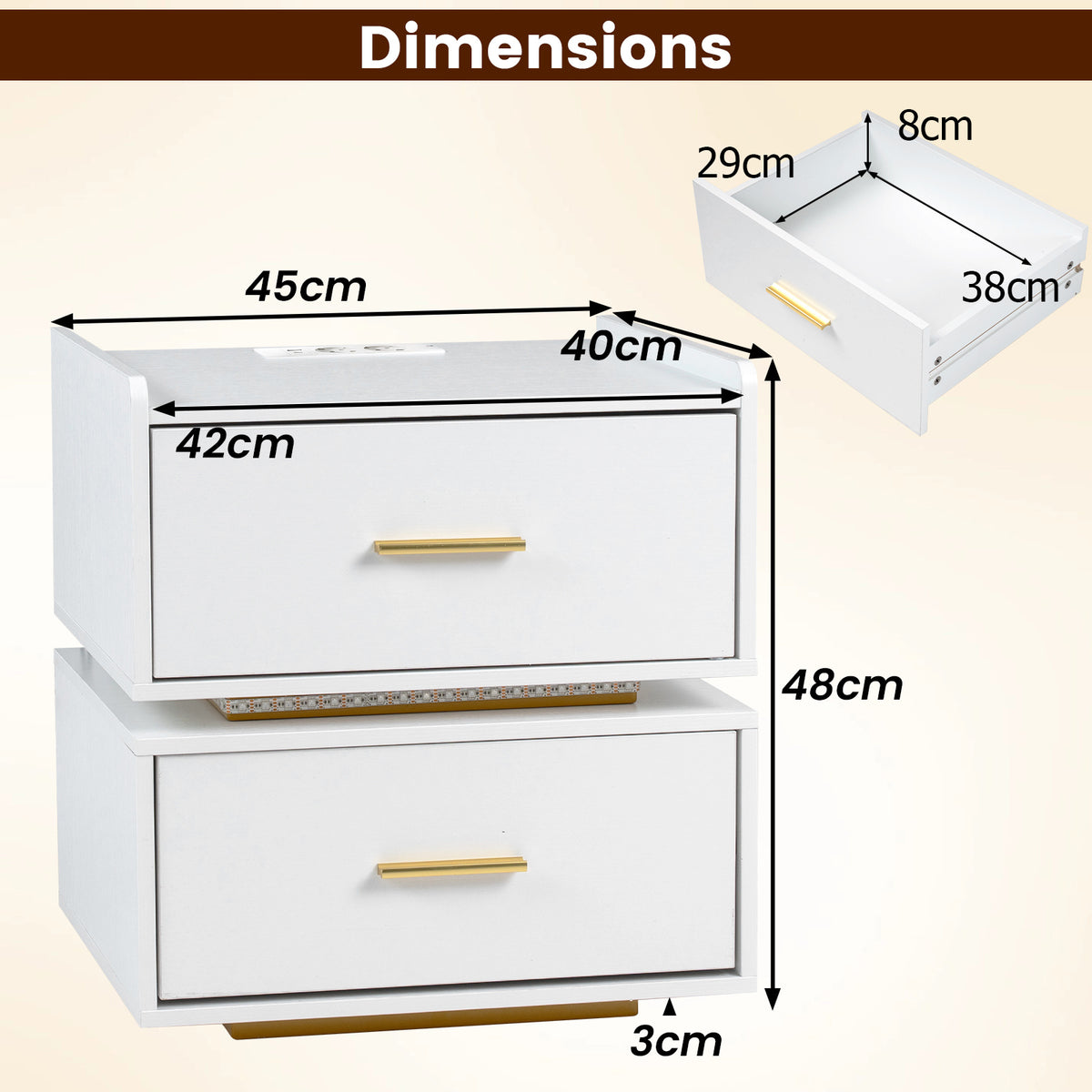 Nightstand with Charging Station and 2 Storage Drawers-White
