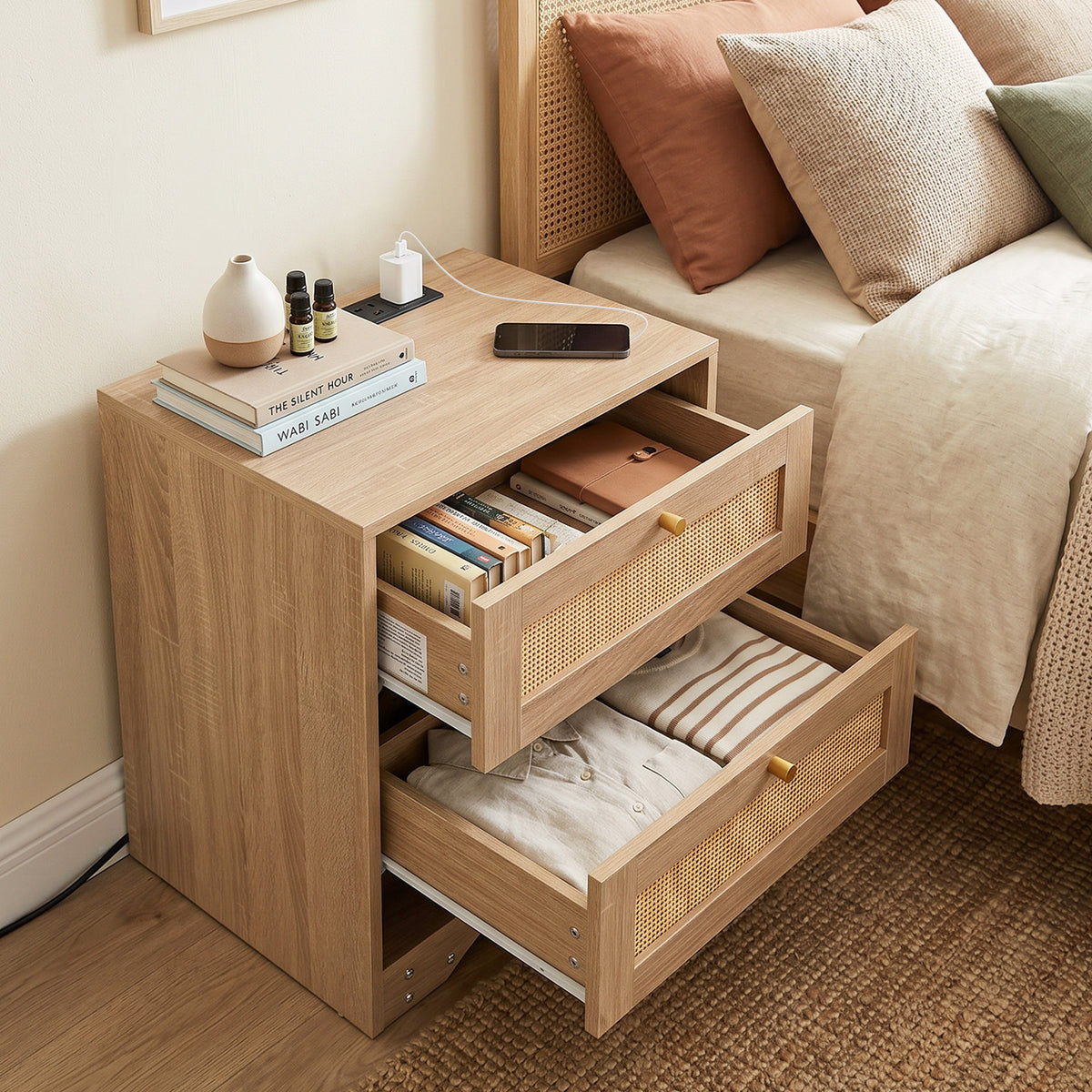 Nightstand with Charging Station and Open Storage for Bedroom-Oak