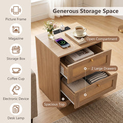 The oak bedside table with cane drawer fronts and blue LED lighting, showing the open storage and two drawers