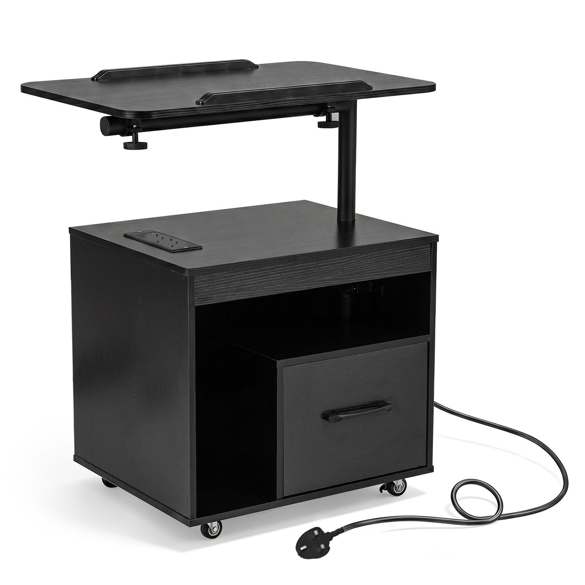Nightstand with Charging Station and Rotatable Tabletop on Wheels for Bedroom-Black