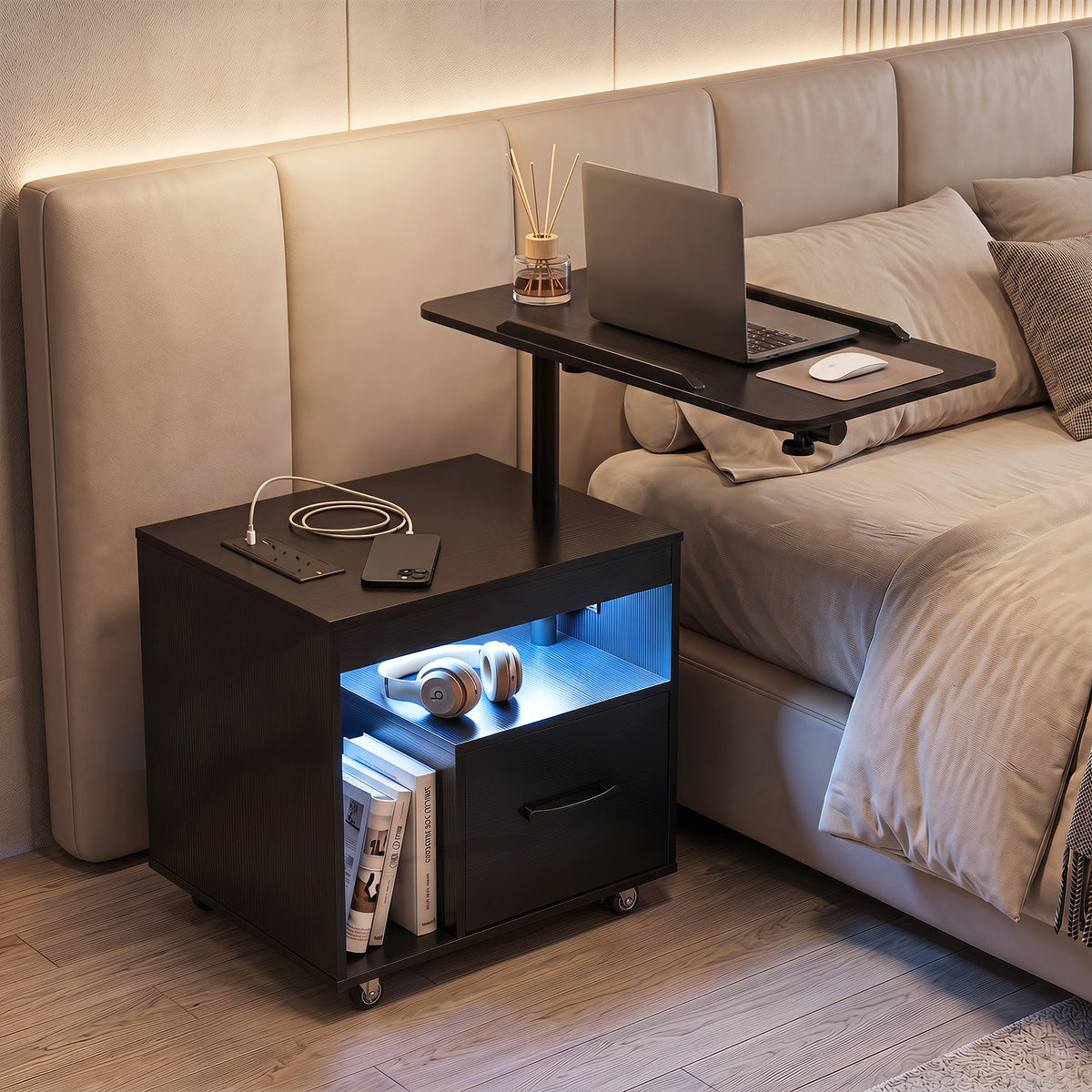 Nightstand with Charging Station and Rotatable Tabletop on Wheels for Bedroom-Black