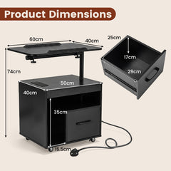 Nightstand with Charging Station and Rotatable Tabletop on Wheels for Bedroom-Black