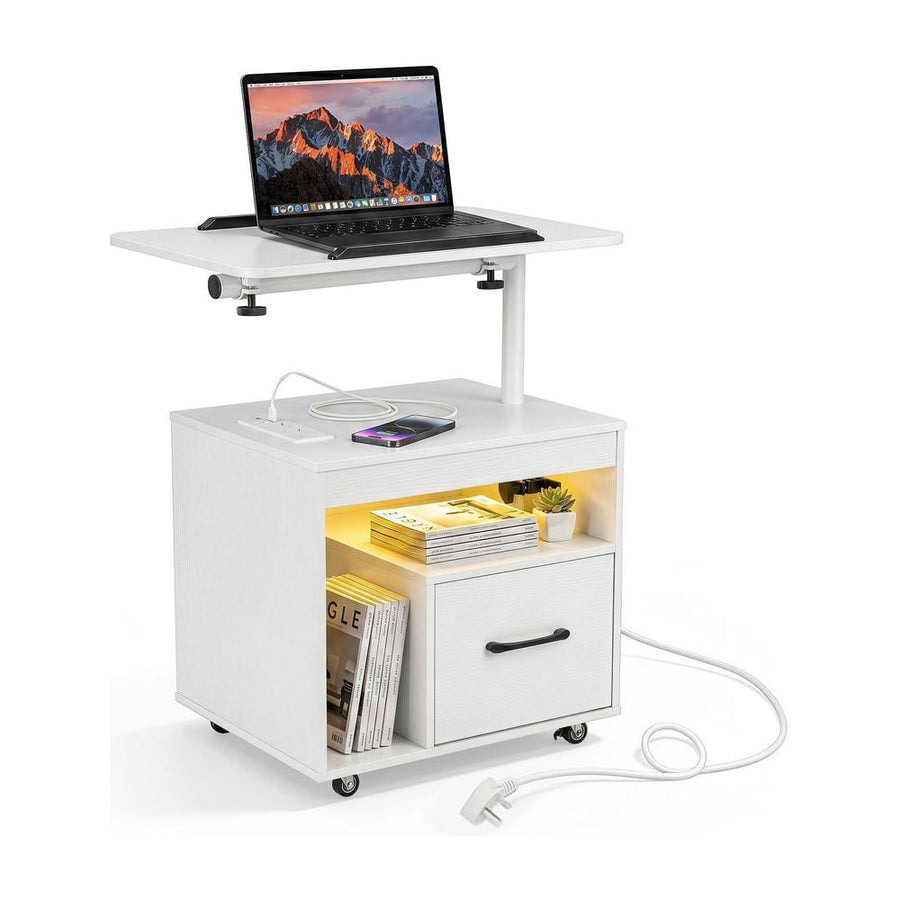 Nightstand with Charging Station and Rotatable Tabletop on Wheels for Bedroom-White