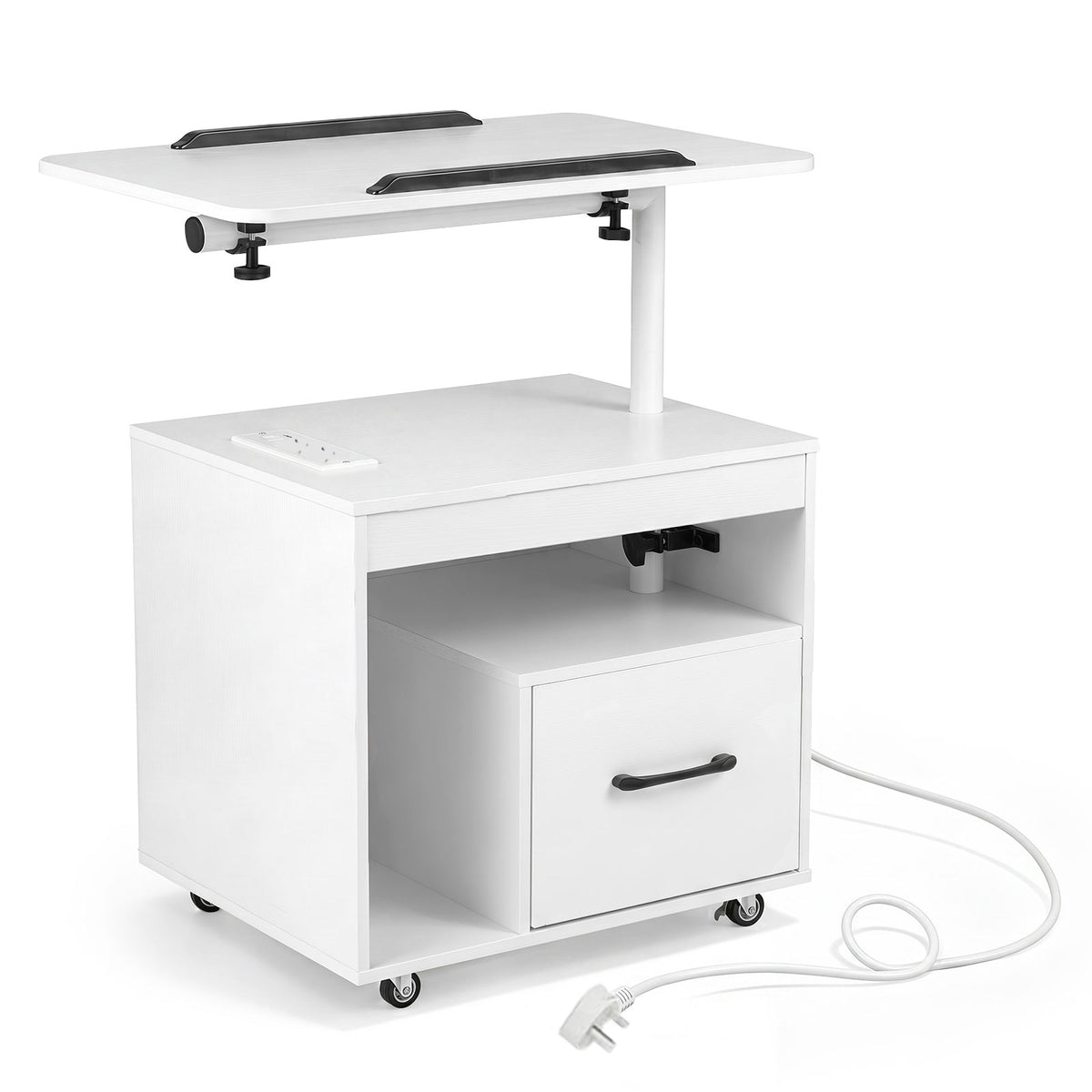 Nightstand with Charging Station and Rotatable Tabletop on Wheels for Bedroom-White