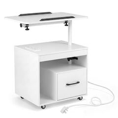 Nightstand with Charging Station and Rotatable Tabletop on Wheels for Bedroom-White