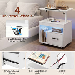 Nightstand with Charging Station and Rotatable Tabletop on Wheels for Bedroom-White