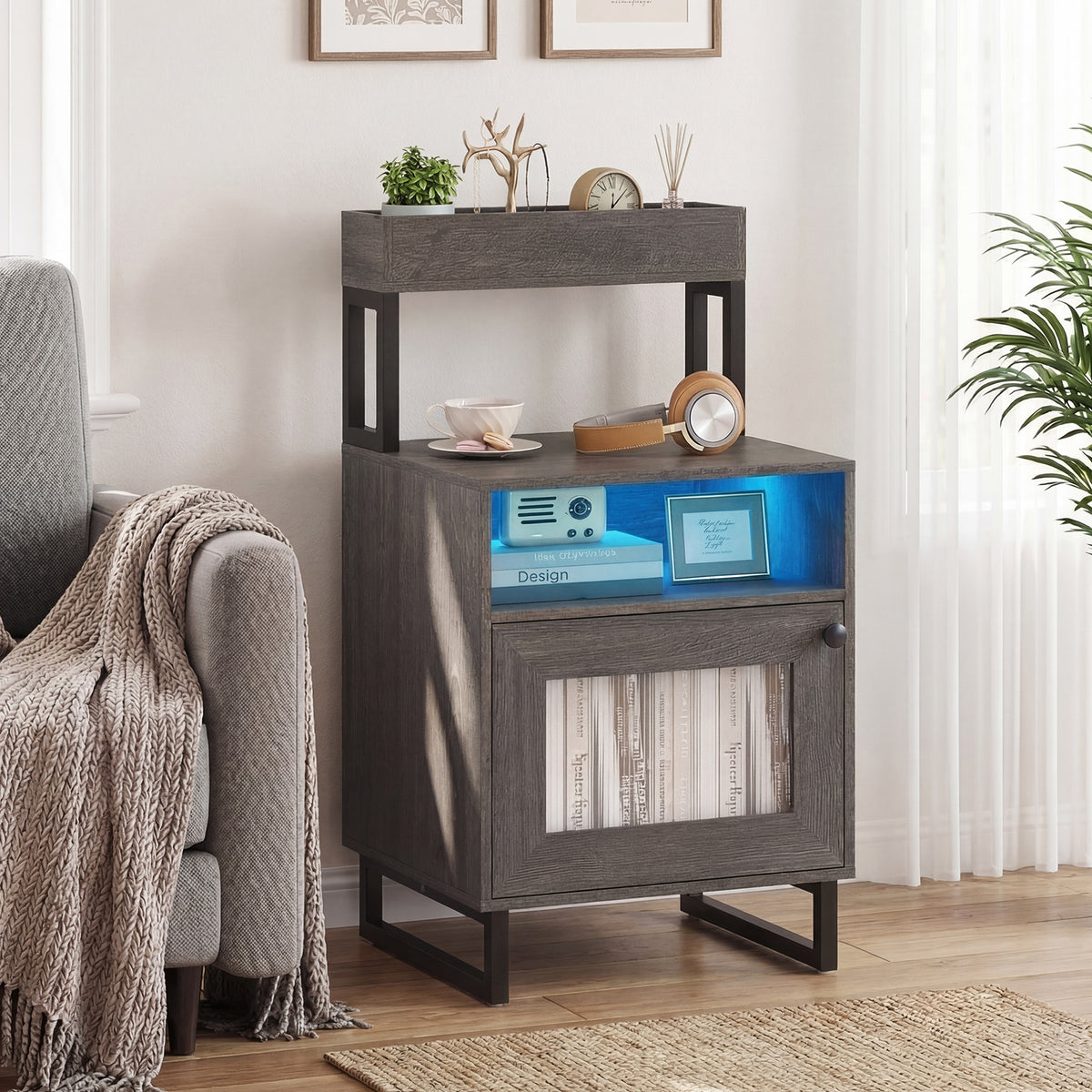 Nightstand with LED Lights Modern End Table with Top Tray-Grey
