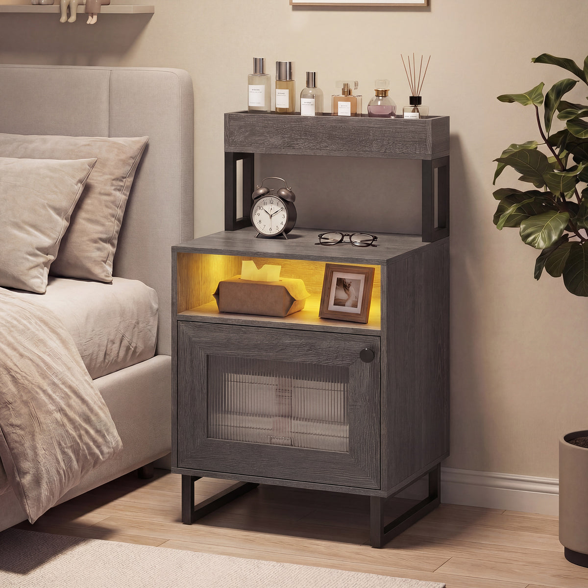 Nightstand with LED Lights Modern End Table with Top Tray-Grey