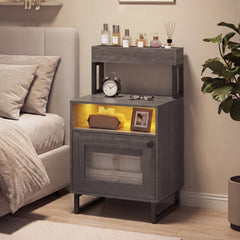 Nightstand with LED Lights Modern End Table with Top Tray-Grey