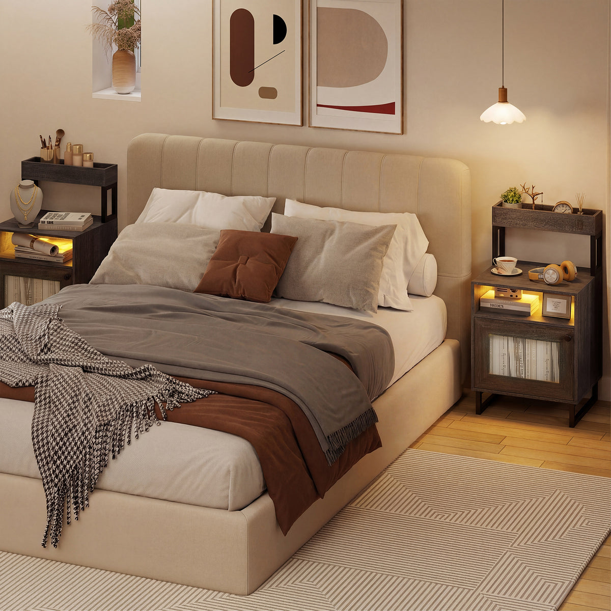 Nightstand with LED Lights Modern End Table with Top Tray-Grey