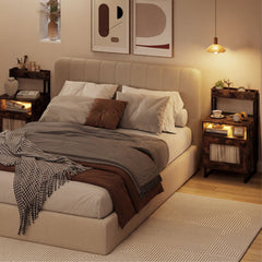 Nightstand with LED Lights Modern End Table with Top Tray-Rustic Brown