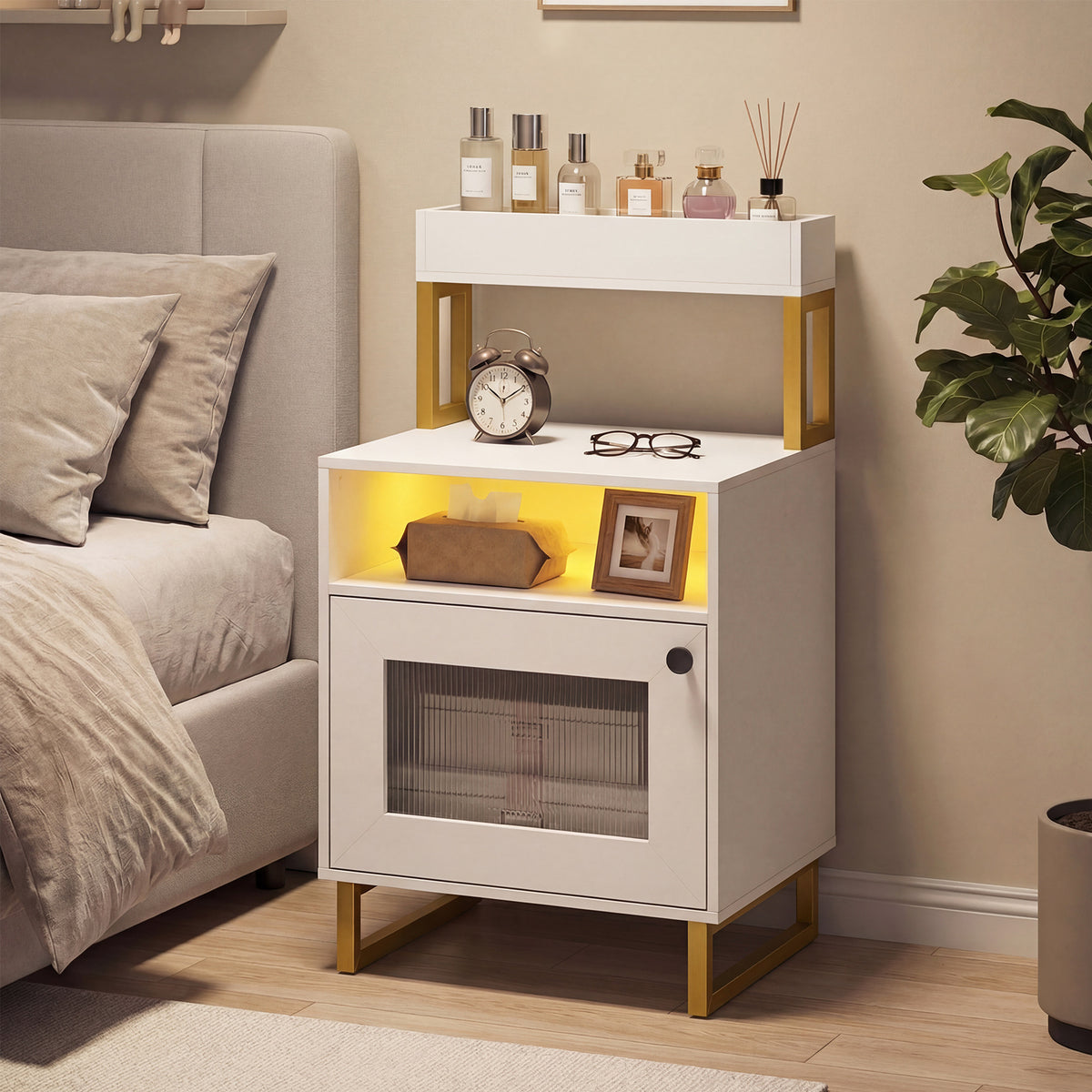 Nightstand with LED Lights Modern End Table with Top Tray-White