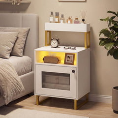 Nightstand with LED Lights Modern End Table with Top Tray-White