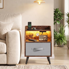 Nightstand with LED Lights and Power Outlets for Living Room Bedroom-Rustic Brown