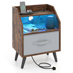 Nightstand with LED Lights and Power Outlets for Living Room Bedroom-Rustic Brown
