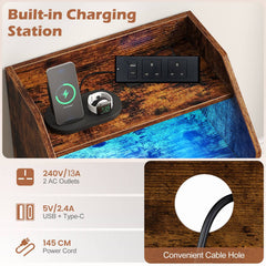 Nightstand with LED Lights and Power Outlets for Living Room Bedroom-Rustic Brown