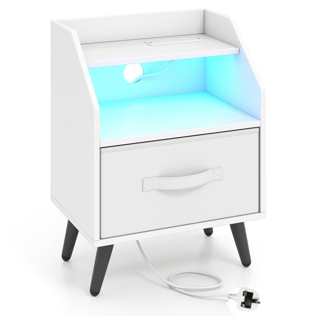 Nightstand with LED Lights and Power Outlets for Living Room Bedroom-White