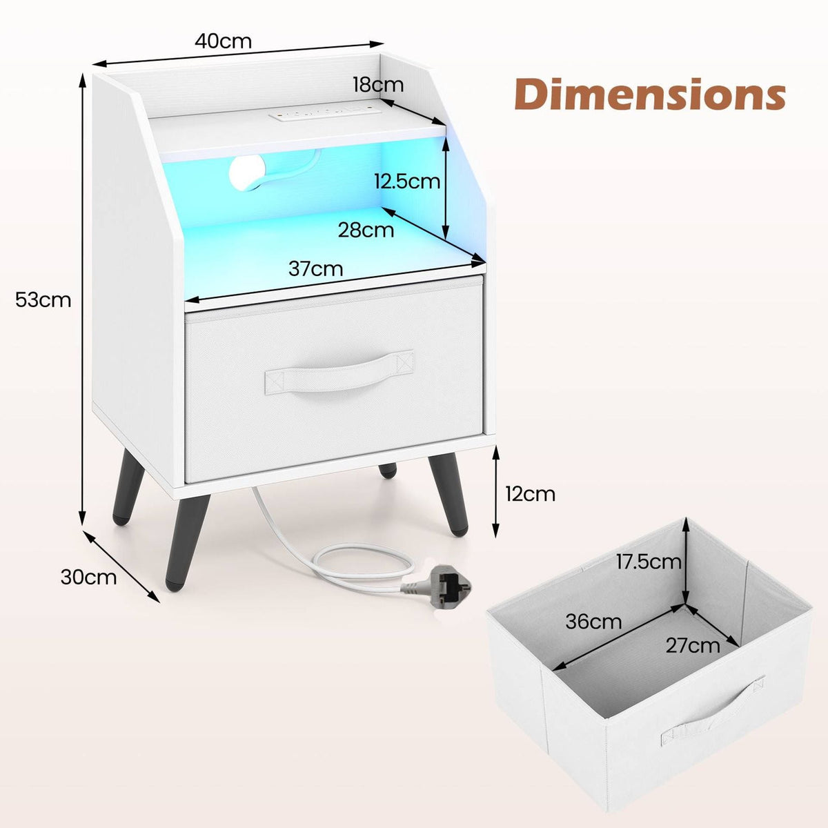 Nightstand with LED Lights and Power Outlets for Living Room Bedroom-White
