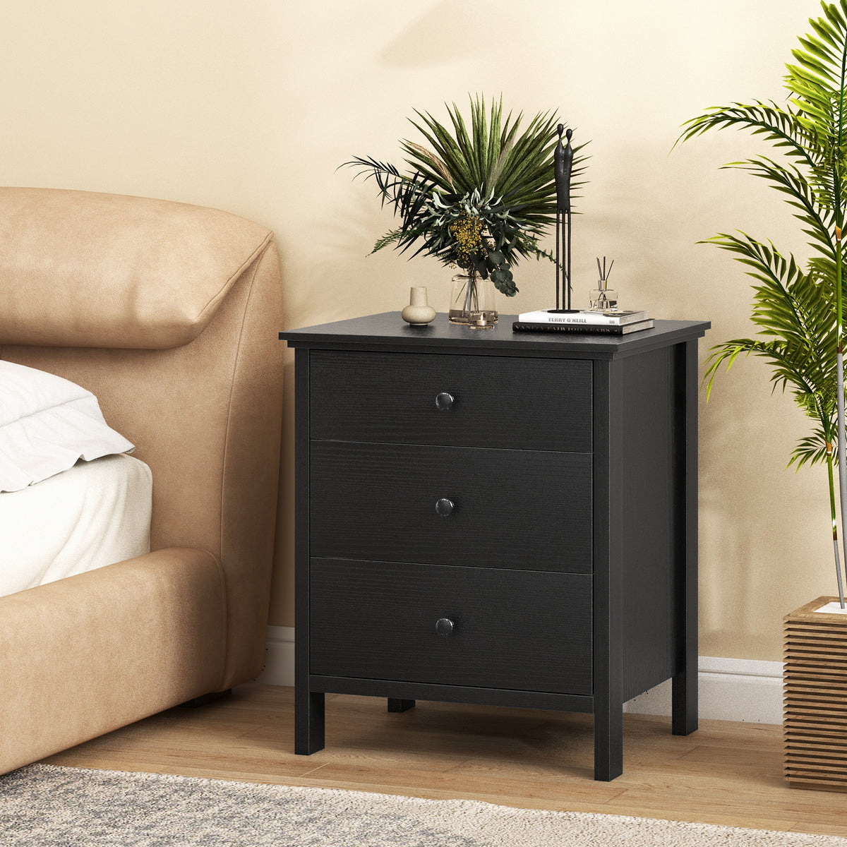 Nightstand with 3 Drawer for Bedroom Compact Storage Chest-Black