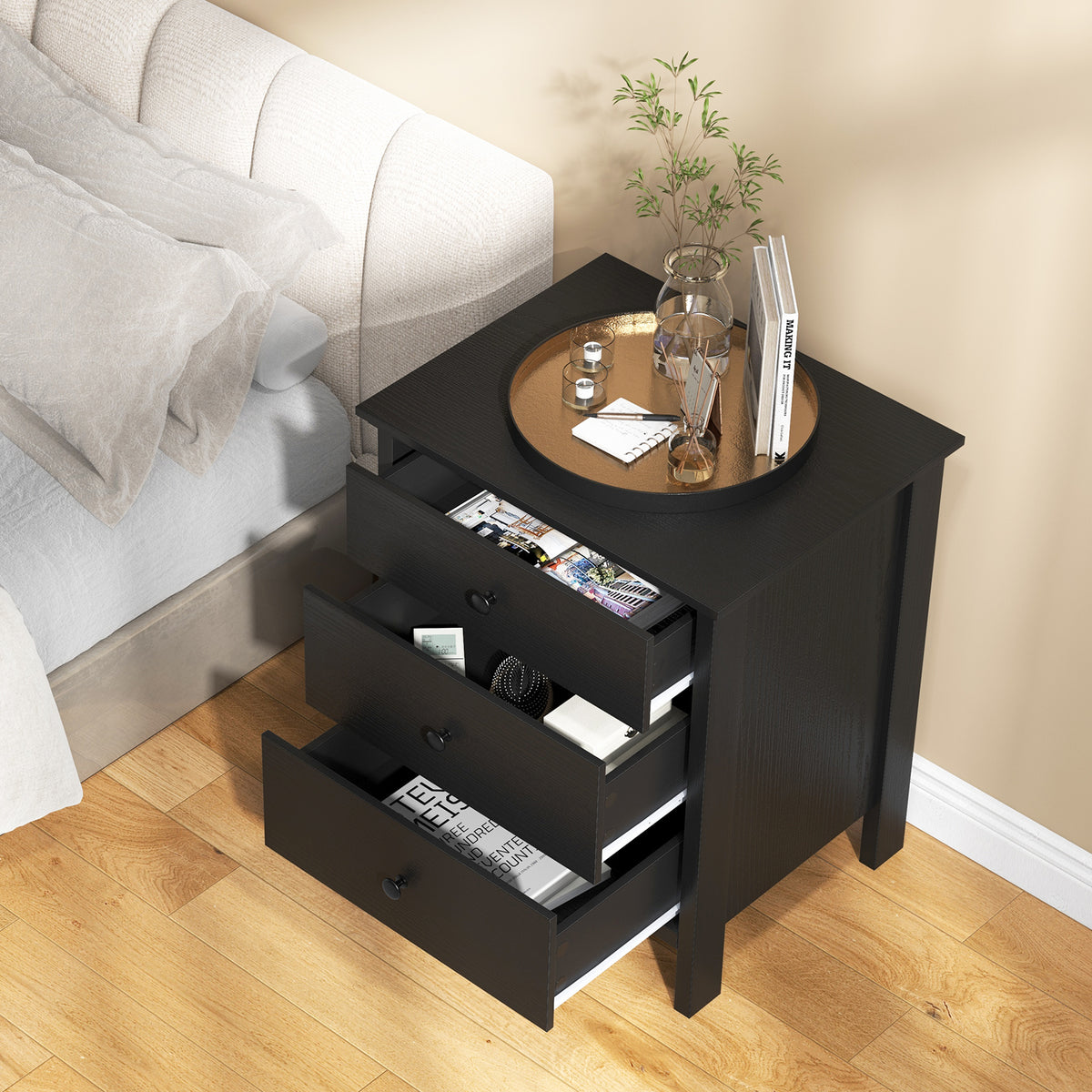 Nightstand with 3 Drawer for Bedroom Compact Storage Chest-Black