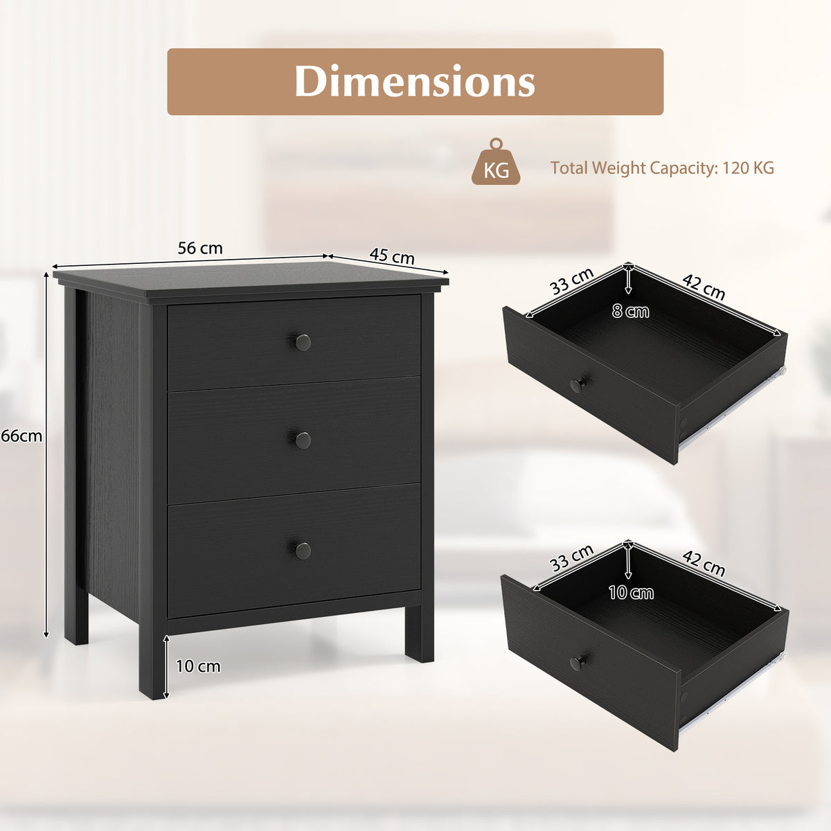 Nightstand with 3 Drawer for Bedroom Compact Storage Chest-Black