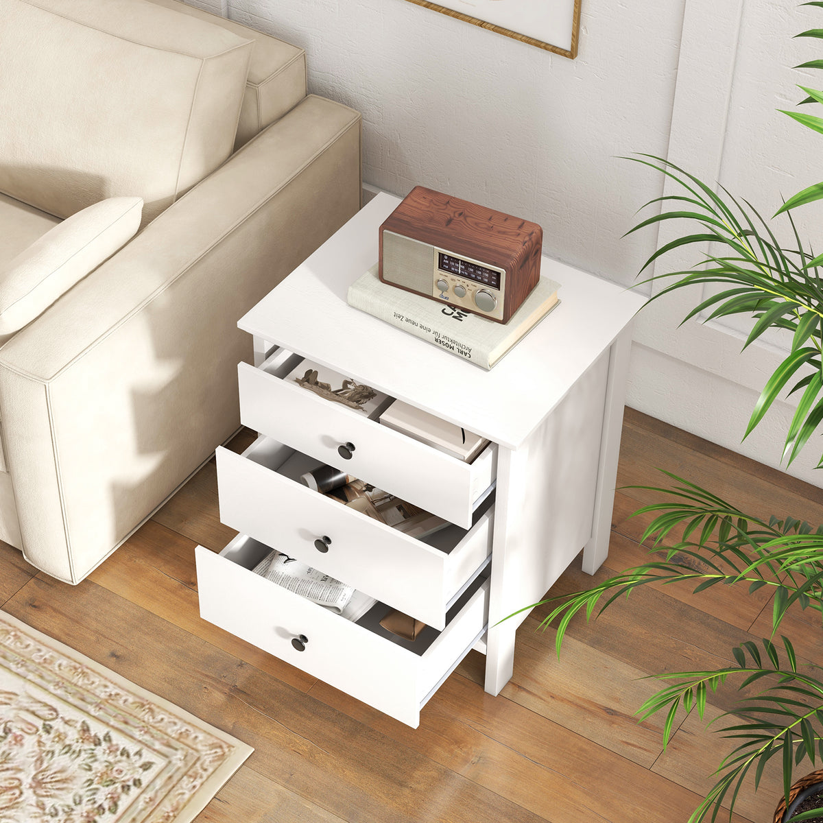 Nightstand with 3 Drawer for Bedroom Compact Storage Chest-White