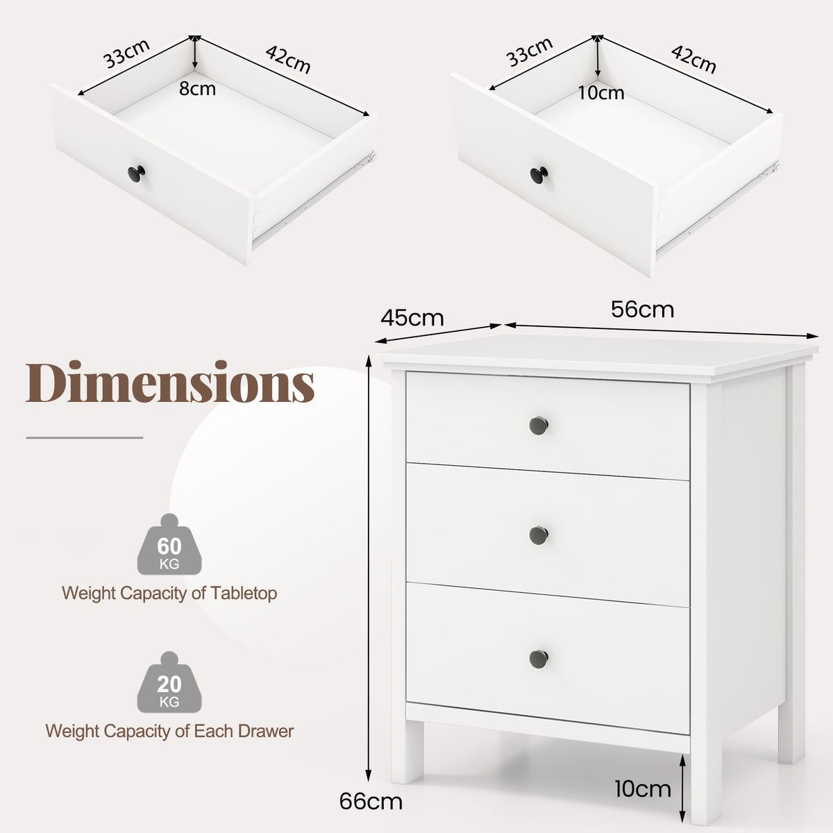 Nightstand with 3 Drawer for Bedroom Compact Storage Chest-White