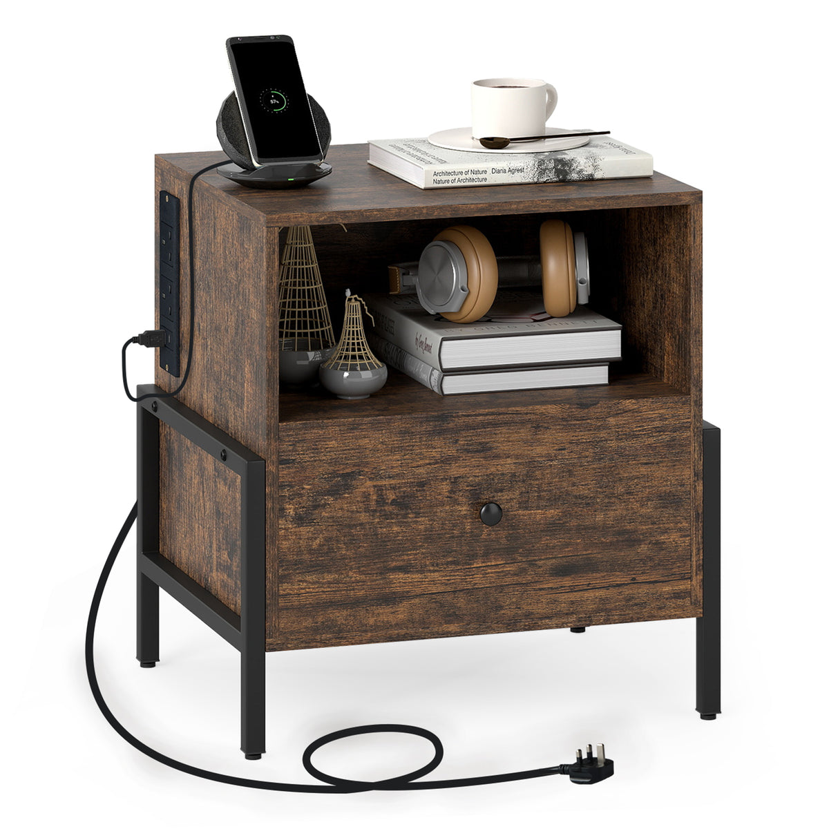 Nightstand with Charging Station 3-Tier Bedside Table with Drawer-Brown