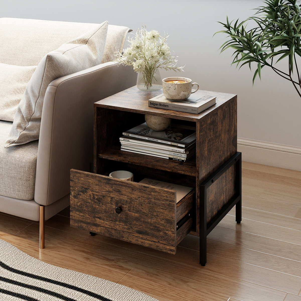 Nightstand with Charging Station 3-Tier Bedside Table with Drawer-Brown