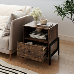 Nightstand with Charging Station 3-Tier Bedside Table with Drawer-Brown
