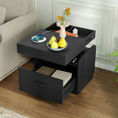 Nightstand with Charging Station with Drawer and Sliding Top Storage-Black