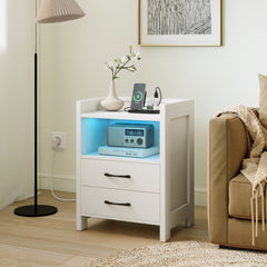 Nightstand with LED Lights and Power Outlets for Living Room-White