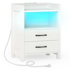 Nightstand with LED Lights and Power Outlets for Living Room-White