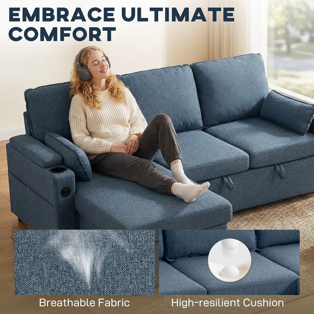 HOMCOM Corner Sofa Bed, L Shaped Sleeper Sectional Sofa with Reversible Storage Chaise, Blue - product image 4