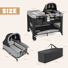 Dimensions diagram for the baby playpen and playards, showing measurements for the bassinet and carry bag
